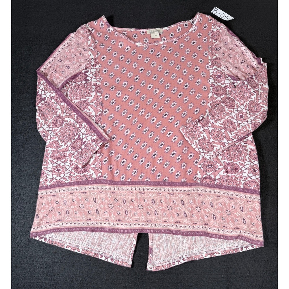Lucky Brand Womens Large Pink Floral Mixed Media Split Back Long Sleeve Top